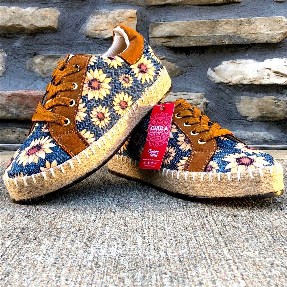 Chula Sunflower Espadrille Sneakers Made in Mexico Platform Lace Up Shoes NWT